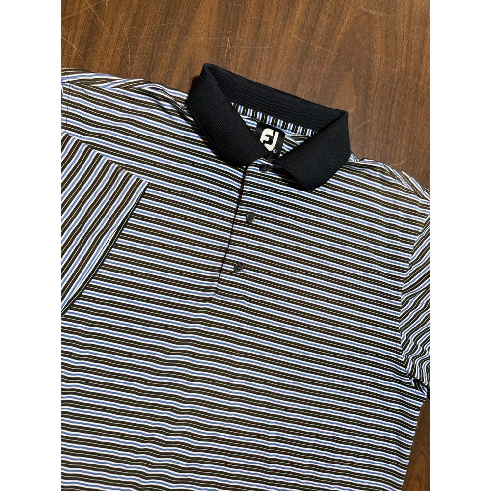 FootJoy Highlander Golf Club Polo Shirt Men's L Black Blue Striped Stretch FJ